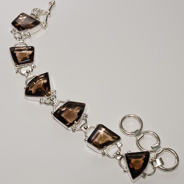 ELEGANT  FACETED SMOKEY TOPAZ .925 SILVER BRACELET 7 8  