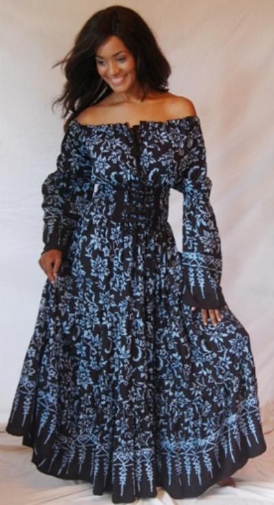   BLACK BLUE/DRESS PEASANT SMOCKED PLUS 2X 3X 4X MAXI BATIK BOHO  