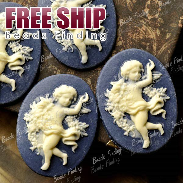 4pcs 40x30mm Flatback Oval Angel Character Cameo Resin Cabochons Blue 