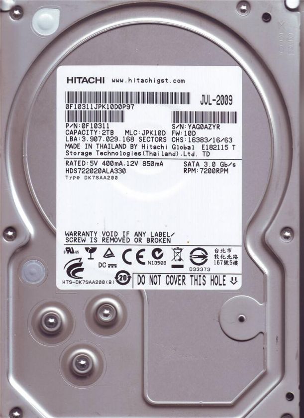 HITACHI DESKSTAR HDS722020ALA330 2TB P/N 0F10311 JPK10D FW 10D 