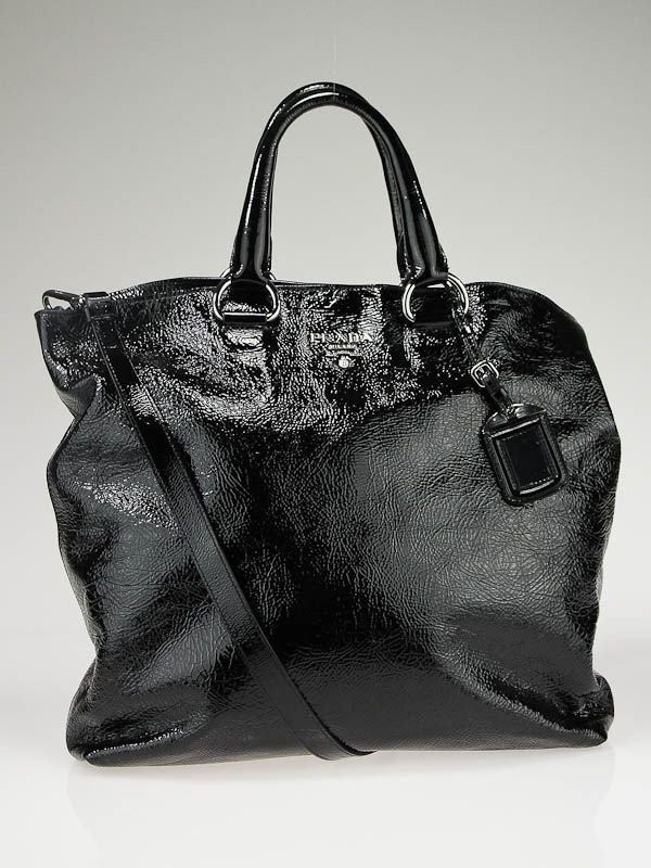 Prada Black Textured Patent Leather Tote Bag w/Strap  