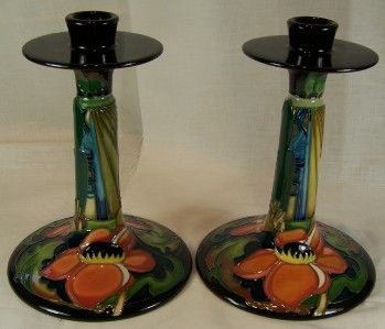 Moorcroft pair candlesticks Ryden Fields 850/7 Mint 19cm / 7.5 high 