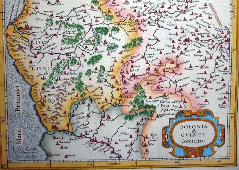 1619 Mercator Map CALAIS BOULOGNE COAST Very Decorative  