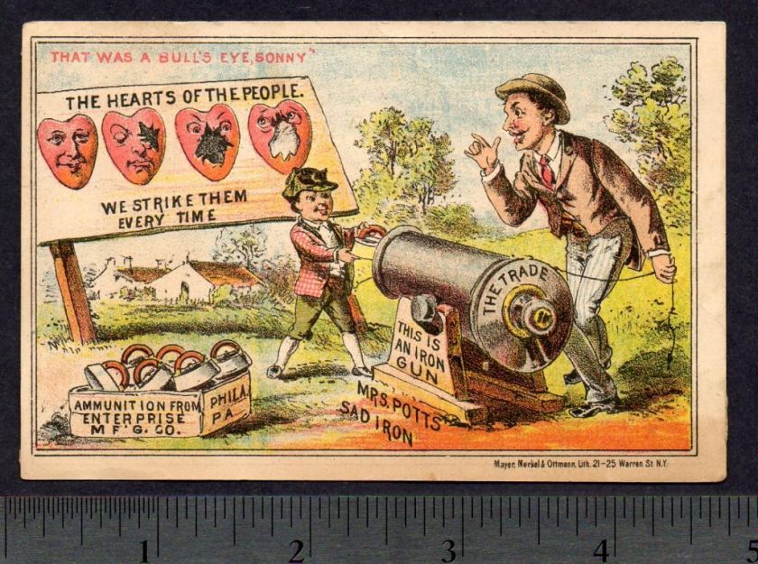 Mrs. Potts Sad Iron Gun Canon Target =1800s Trade Card  