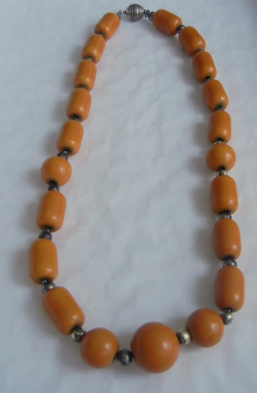 Antique Art Deco Egg Yolk Amber Barrel Necklace 38 Gram  