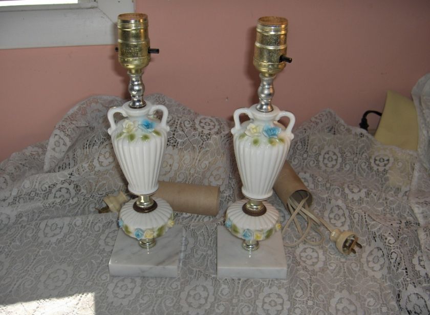   Porcelain Handled Table Lamps Carrera Marble Base Italy 1950s  