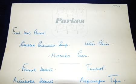 1969 PARKES RESTAURANT HAND WRITTEN MENU LONDON ENGLAND  