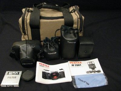 PENTAX AF 200T SUPER PROGRAM 35 MM SLR CAMERA 3 LENS FLASH BAG  