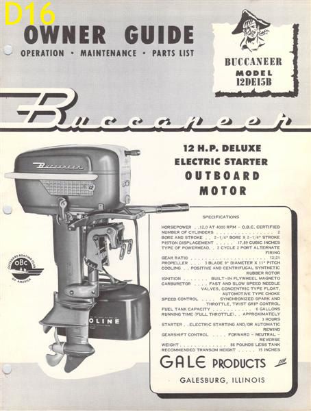 Antique Gale Buccaneer outboard owners manual parts catalog 3 5 12 25 