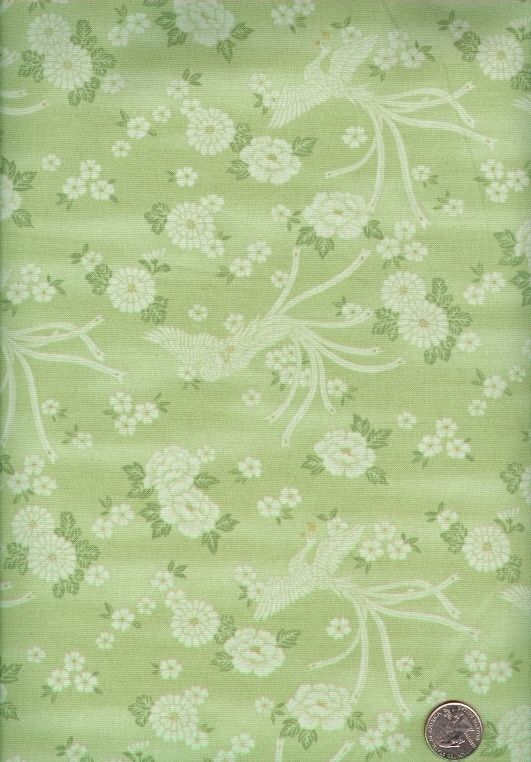 Subtle Asian Tone on Tone of Phoenix Birds and Mums Fabric on Green 