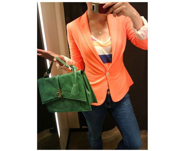 Hot Candy Color Lady One Button Casual Blazer Cuff Jacket Coat 