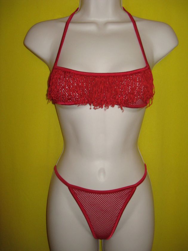 FREDERICKS WOMEN S BIKINI 2PC RED WITH FRINGE FISH NET  