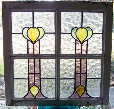 Antique Stained Glass Window 3 color Slag glass Hearts  