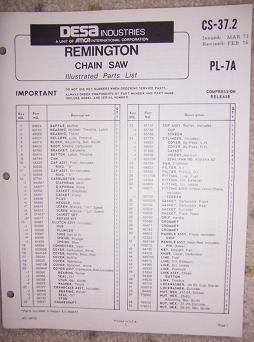 1976 Remington PL 7A Power Chain Saw Parts List Tool h  