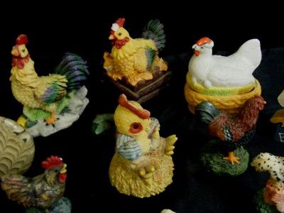 COLLECTION Lot of 24 CHICKENS Roosters Miniature Animals Wood Cereamic 