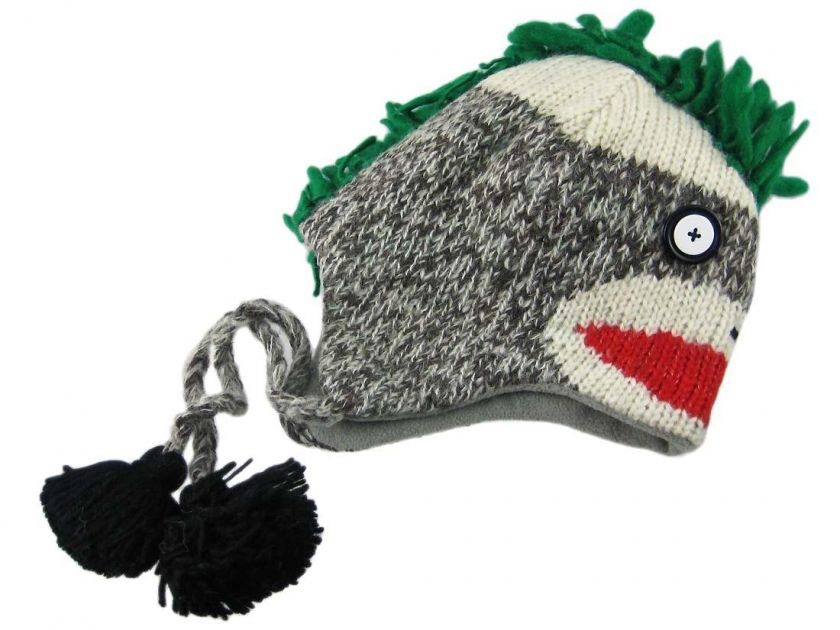 Delux Knitwits Green Mohawk Sock Monkey Pilot Cap  