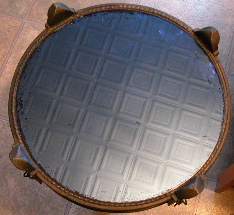 Antique Rembrandt Metal Empire Deco Blue Glass Mirror Round Pedestal 