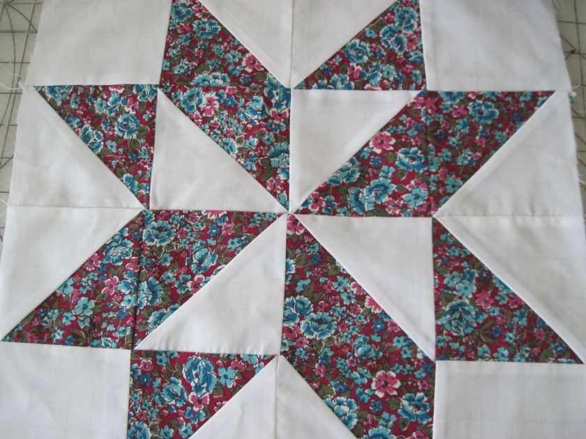 Blue & Burgundy Floral Star Quilt Block 15x15 Already Sewn  