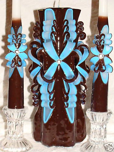 CUSTOM HAND CARVED UNITY CANDLE WEDDING SET BROWN BLUE  