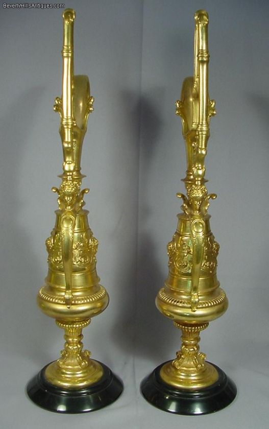 Pair of Antique Gilt Bronze Ewers Cherub Faces  