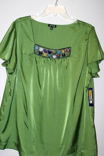 Apt. 9 Lime Green Embellished Blouse Flutter SS, 2X  