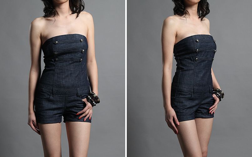 MOGAN Chic Military Stretch Denim Strapless ROMPER Tube Top Jean 