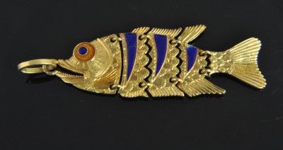   Vtg 18K Gold Blue Enamel Articulated 3D Fish Lure Charm Pendant  