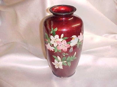 Silver Bound Cloisonne Akasuke Pigeon Blood Vase  