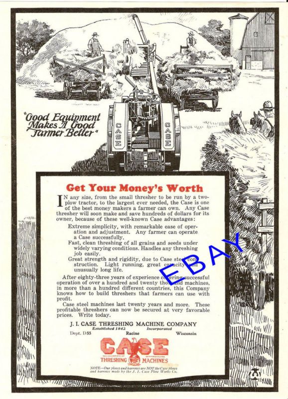 1925 J. I. CASE THRESHING MACHINE AD THRESHER RACINE WI  