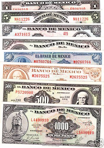 Mexico $ A.B.N.C. Collection 8 Bank Notes Scan Notes.  