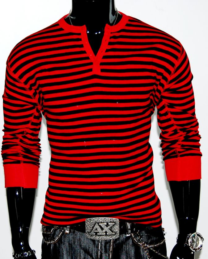   JC RED & BLACK STRIPED BUTTON NECK LONG SLEEVE MUSCLE THERMAL SHIRT