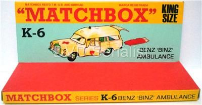 Lesney MATCHBOX Diecast KING SIZE K 6 BENZ BINZ AMBULANCE Custom Box 