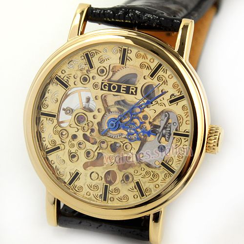   Men Hand Mechanical Leather Band golden Skeleton Skull noble gift HQ