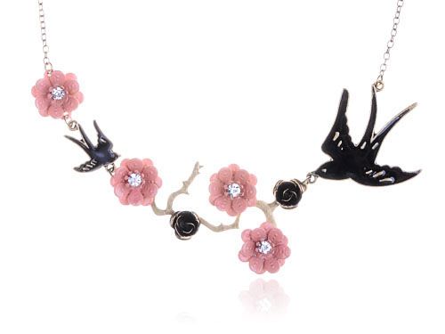   Enamel Japanese Cherry Blossom Branch Jet Black Sparrow Birds Necklace