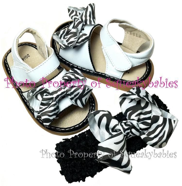 Girls Squeaky Shoes White Sandal Black Trim AAB U Choose Bow Color and 