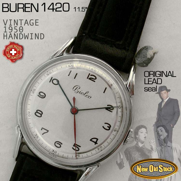   VINTAGE SWISS HANDWIND WATCH, mid. 1950s, BUREN cal. 1420, NOS  