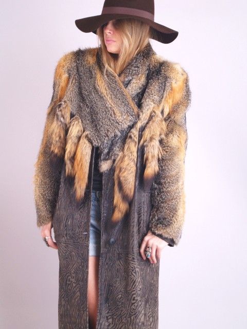   FUR Wolf Deerskin TOOLED Leather Capote FRINGE TAIL Jacket COAT  