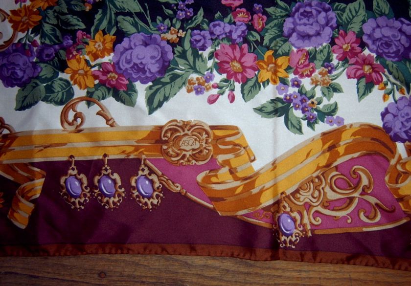 Casca Signed Silk Scarf Purple Black Floral Burgundy  