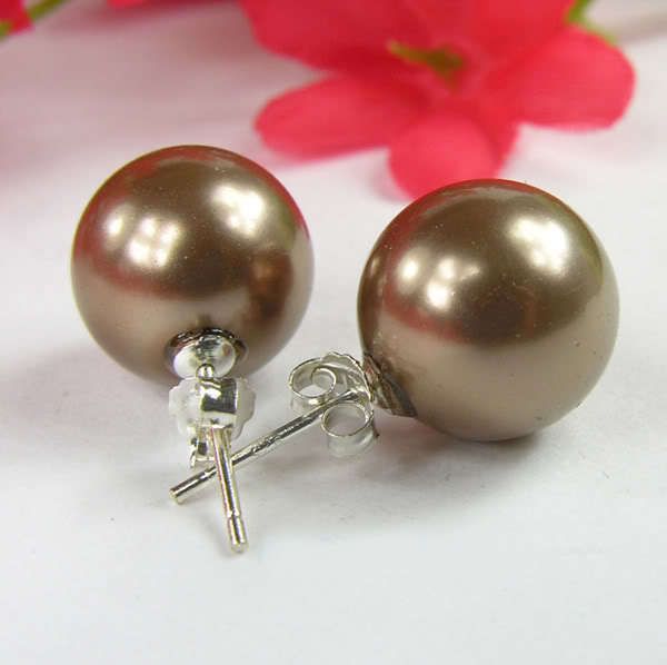 charming 12mm Brown AAA south sea shell pearl earrings  