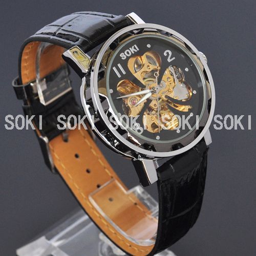 SOKI New Skeleton Mens Automatic Black Band Watch GIFT X60  