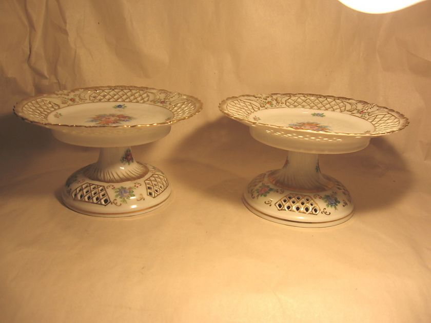   Matching Pr Floral Vintage Porcelain Reticulated Shallow Bowl & Base