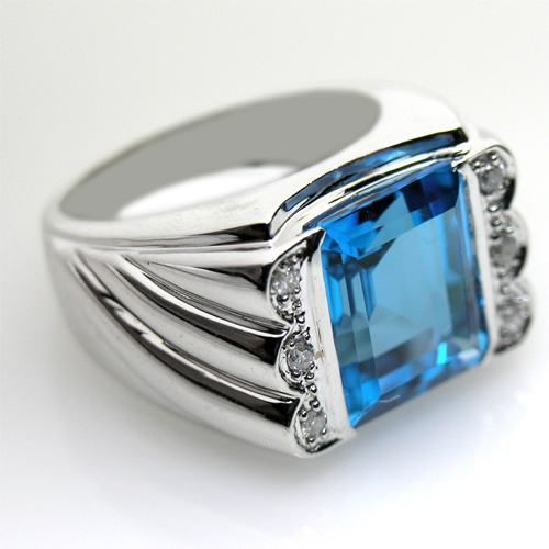 10.4ct. Topaz Mens Ring in 14K White Gold with Diamond Size 10  