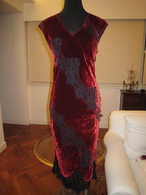 CONCHI NY BURGUNDY VELVET LACE DRESS W/SILK SCARF Sz S  