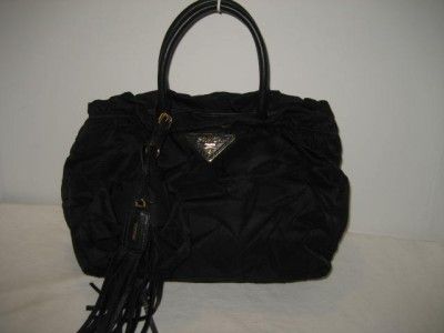 NEW PRADA Crispy Black Nylon Leather Logo Tassel Tote Purse Satchel 