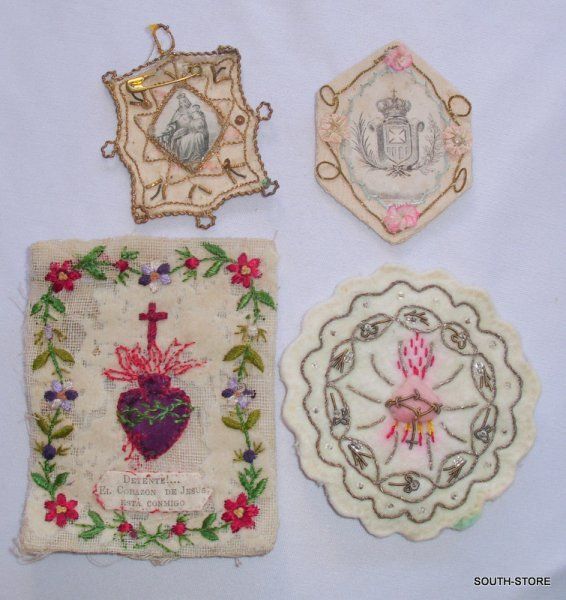 UNIQUE LOT OF 18 ANTIQUE EMBROIDERED DETENTES. MADE BY NUNS. MUST SEE 