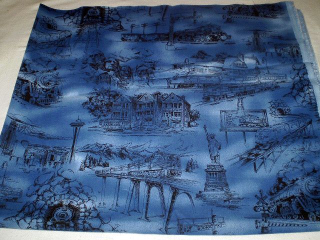   BLUE BLACK LIONEL TRAIN FABRIC PATTERN DEPICTS LOCOMOTIVES USA  