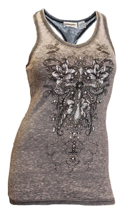 MISS ME TANK TOP GRAY FLORAL PRINT CRYSTAL STUDS L NEW  