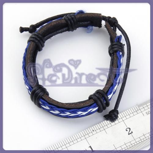 White Blue Surfer Leather Braided Bracelet Wristband  