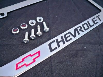   CHEVY CHROME & BLACK METAL LICENSE PLATE FRAME SCREWS CAPS W/ LOGO # 4