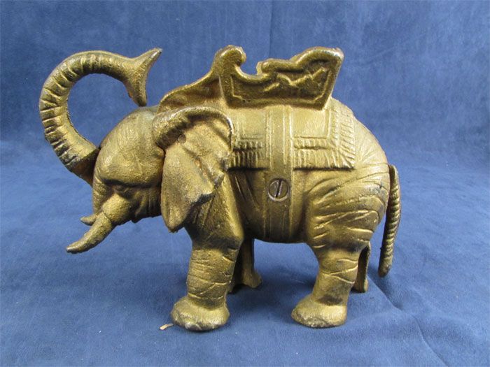 Vintage Cast Iron Elephant Howdah Pull Tail Coin Bank  